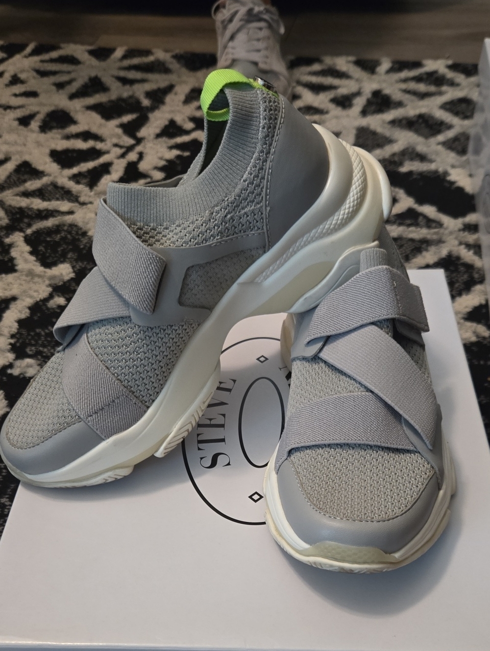 Steve Madden Light Gray Knit Slip-On Sneakers with Neon Green Pull Tab